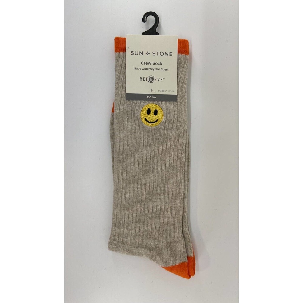 Sun + Stone Men's Smiley Face Crew Socks Beige Shoe Size 7-12 Sock Size 10-13